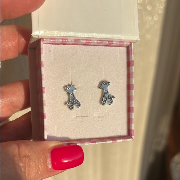 Silver toddler girls Giraffe Kids Earrings with pale pink crystals new in box - Picture 2 of 8